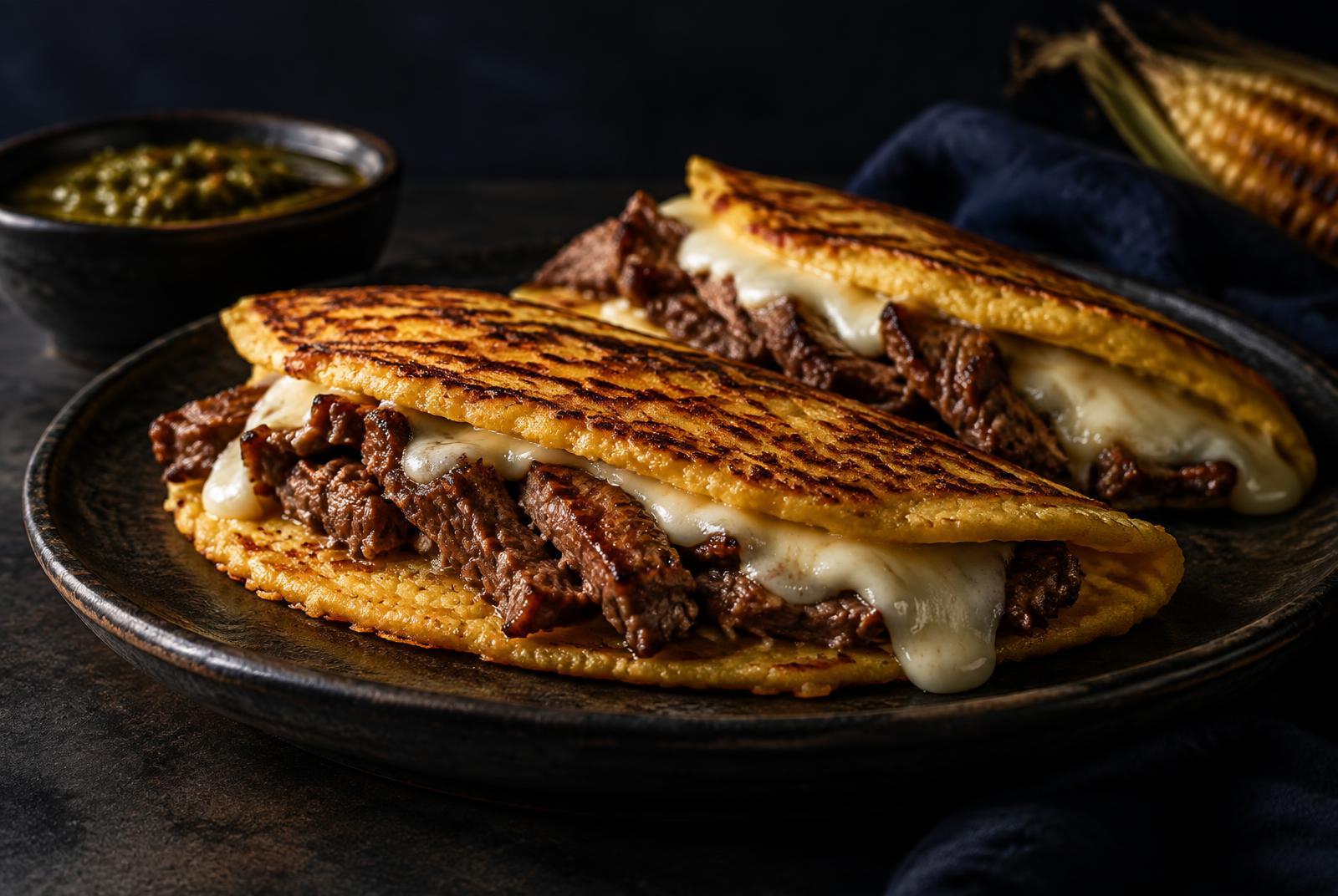 Golden cachapas filled with beef and cheese